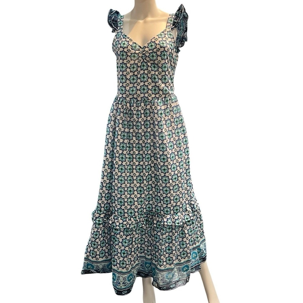 Lucky Brand Dress Blue Tile Print Tiered Smocked Maxi Sundress Size L Party